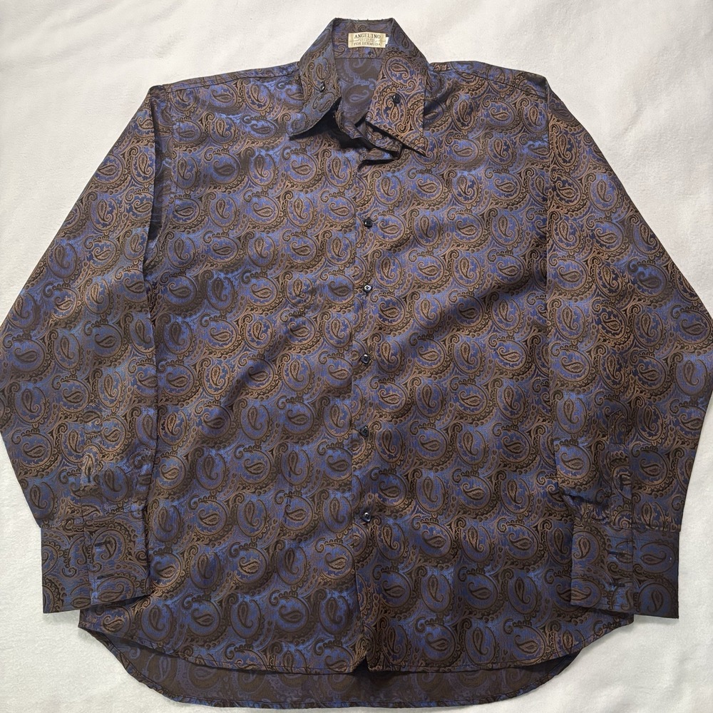 Angelino For Bermuda Shirt Men's 3XL Blue Brown Paisley Long Sleeve Button Up